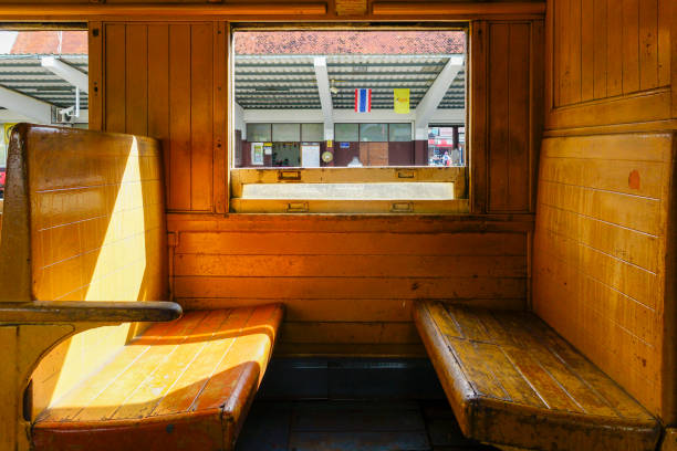 Old Train passenger carriage with wooden bench seat, Thailand, Southeast Asia