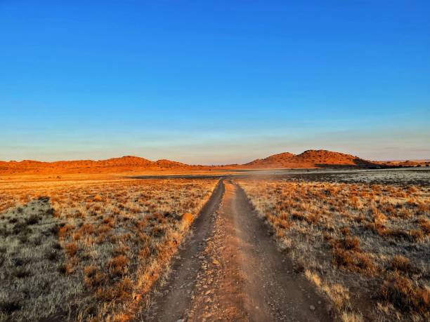 Path in Nowhere Land 3 A semi-arid region, far from civilization, with plains stretching to the mountains on the horizon, with clouds covering the blue skies. A two-lane gravel road is showing the way to the horizon. Distant stock pictures, royalty-free photos & images