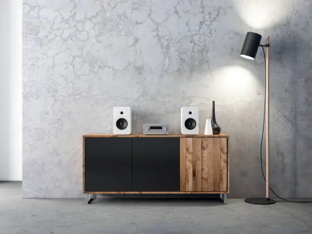Audio stereo system mockup with white speakers on bureau in modern interior, 3d rendering