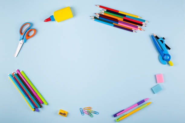 istock School supplies on a color background, table to view, copy space 1333001710