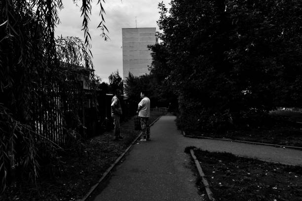 Grayscale park pathway: A long, tree-lined path leading to a grand, classical building, with benches flanking the sides and fallen leaves covering the ground. This park, located in the Latvian city of Liepaja, is publicly accessible because it is located by the sea and the beach.