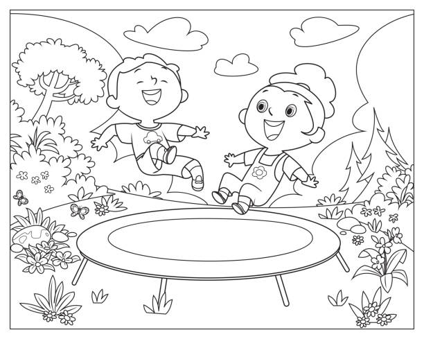 Black And White, Jumping Kids-Outdoor Vector Black And White, Jumping Kids-Outdoor coloring book page illlustration technique illustrations stock illustrations