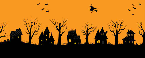 illustrazioni stock, clip art, cartoni animati e icone di tendenza di case di halloween. villaggio spettrale. bordo senza soluzione di continuità - halloween witch domestic cat frame