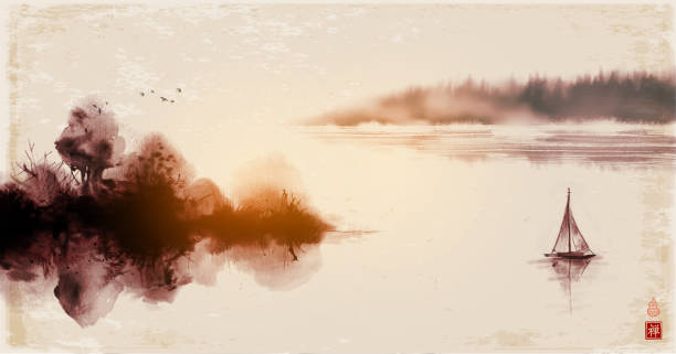 istock Seacscape with fishing boat. island with forest trees s and distant mountains on vintage background. Traditional oriental ink painting sumi-e, u-sin, go-hua. Translation of hieroglyph - zen 1333008293