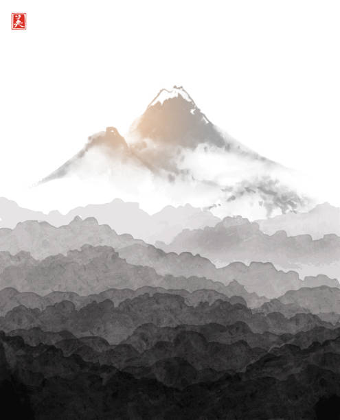 istock Chinese landscape with misty forest mountains and distant high mountain. Traditional oriental ink painting sumi-e, u-sin, go-hua. Heroglyph - beauty. 1333008503