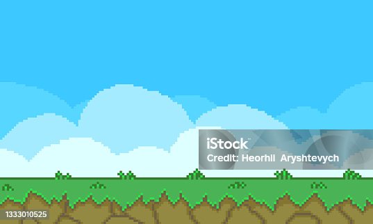 istock simple flat pixel art illustration of cartoon outdoor landscape background. Pixel arcade screen for game design. Game design concept in retro style. 1333010525