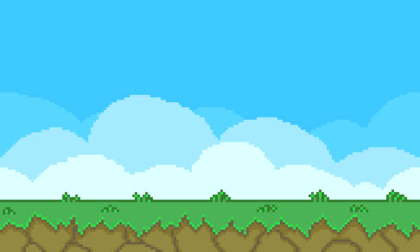 simple flat pixel art illustration of cartoon outdoor landscape background. Pixel arcade screen for game design. Game design concept in retro style. Colorful simple flat pixel art illustration of cartoon outdoor landscape background. Pixel arcade screen for game design. Game design concept in retro style. games console stock illustrations