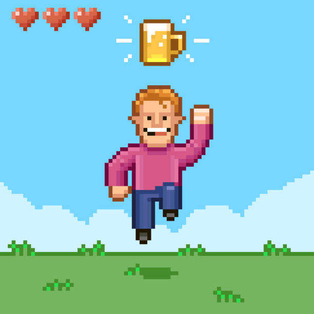simple flat pixel art illustration of cartoon smiling male retro video game character bouncing under a mug of beer - 星期五 插圖 幅插畫檔、美工圖案、卡通及圖標