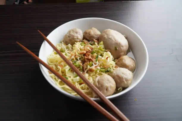 Delicious Indonesian bowl of noodles and meatballs