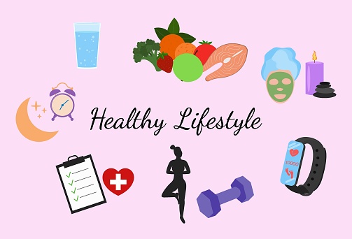 Healthy lifestyle set. Fitness, healthy food and active style of life. Flat design vector illustration.