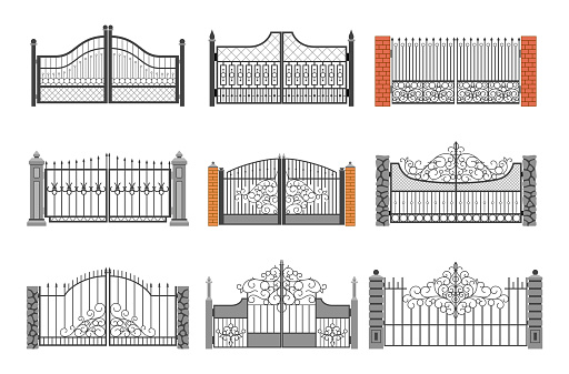 Set of ornamental forged gates vector flat illustration. Collection of decorative curved metallic railing with brick and stone isolated. Steel fence for enclosure guard protective of private territory