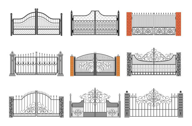 Set of ornamental forged gates vector flat illustration decorative curved metallic railing Set of ornamental forged gates vector flat illustration. Collection of decorative curved metallic railing with brick and stone isolated. Steel fence for enclosure guard protective of private territory gate stock illustrations
