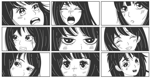 ilustraciones, imágenes clip art, dibujos animados e iconos de stock de manga kawaii expresiones de personajes de chicas de anime asiático. anime linda mujer carteles de cómics, conjunto de ilustración vectorial. cómic de manga de dibujos animados japoneses - estilo manga
