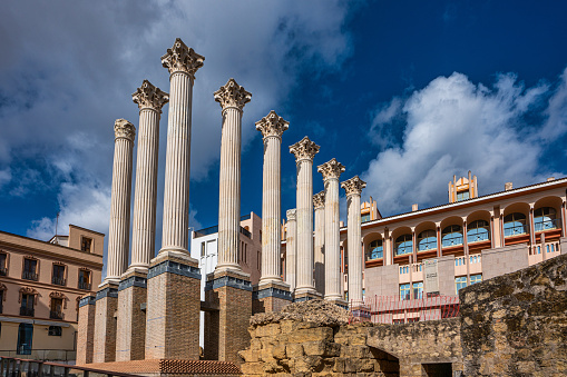 Cordoba, Spain - November 02, 2020: Remaining columns of the Roman temple, templo romano of Cordoba, Andalusia, Spain