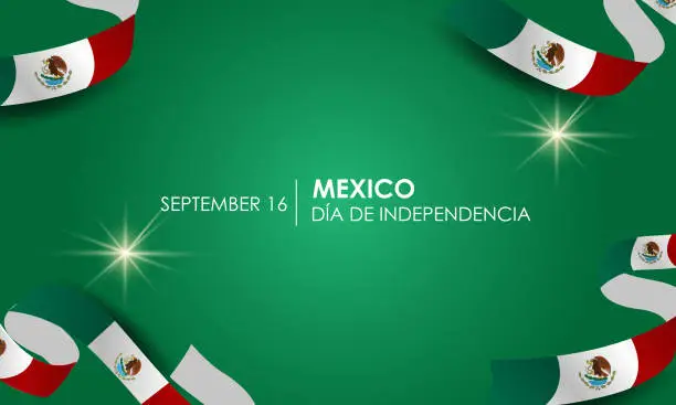 Vector illustration of Caption: Mexican Independence Day, September 16. Vector illustration, fireworks balloons and ribbons with mexico flag. Realistic vector.