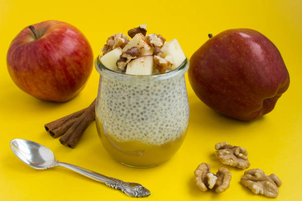 istock Pudding with chia seed, apples,cinnamon and walnuts on the yellow  background 1333021830