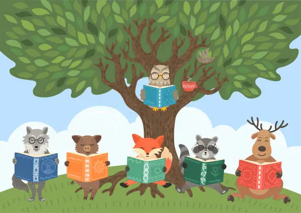 Vector illustration of Animals read books under big tree in the forest