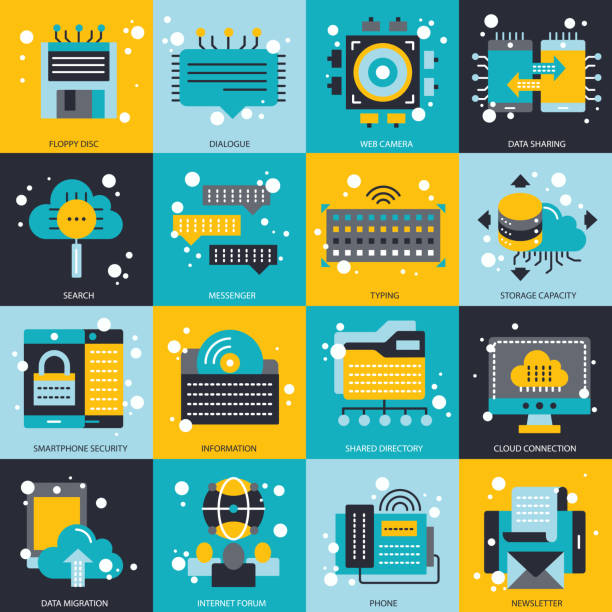 ilustraciones, imágenes clip art, dibujos animados e iconos de stock de conjunto de iconos de negocios y tecnología para sitios web y aplicaciones móviles. ilustración vectorial plana - number key