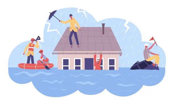 Vector illustration of Natural cataclysm disasters flood safeguard rescue boat service. Rescued saved people from flooded house vector illustration. Flood natural disaster rescuers