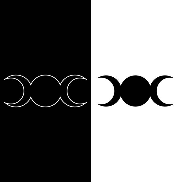 Triple moon sign icon. Concept of Triple Goddess: maiden, mother, old woman. Wicca isolated icon in black with white outline. Esotericism, witchcraft. Vector illustration on white, black background Triple moon sign icon. Concept of Triple Goddess: maiden, mother, old woman. Wicca isolated icon in black with white outline. Esotericism, witchcraft. Vector illustration on white, black background celtic culture celtic style star shape symbol stock illustrations