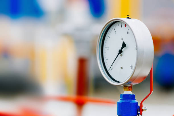 This is a close-up pressure gauge for measuring the pressure on a pipe for gasification or gas transportation. Background for the article with space for copying on the topic of construction and launch of the gas pipeline.
