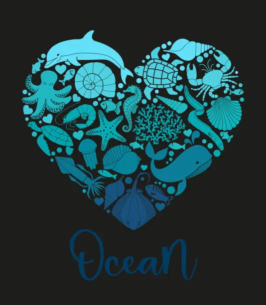 Vector illustration of A sea or ocean of underwater life with different animals and marine objects united in a heart shape.