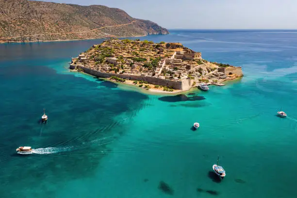 Aerial view of the ancient Venetian fortress and former leper colony of Spinalonga, Crete, Greece