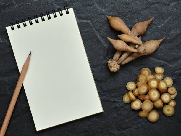 istock Fingerroot, Kaempfer with Open Blank Spiral Notebook and Pencil on Black Background, Flat Lay Concept, Copy Space for Text. 1333029951