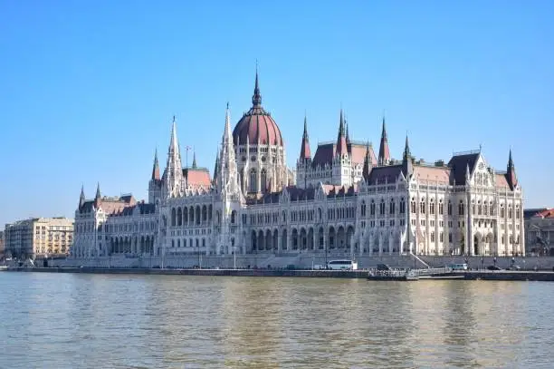 The Hungarian Parliament Building, is the seat of the National Assembly of Hungary. View from boat tour on middle of Danube river.