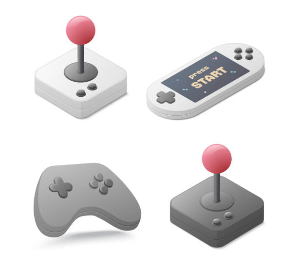 Video games Video games concept. Classic joystick controllers and portable game console. Isometric vector colored illustration. Isolated on white background. old remote control stock illustrations