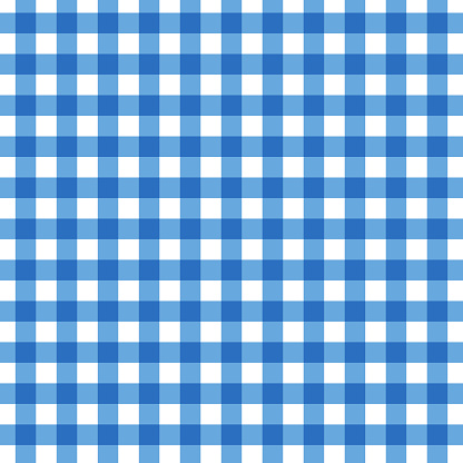Abstract geometric picnic tablecloth seamless pattern. Buffalo check plaid gingham checker light blue. Vector illustration background.