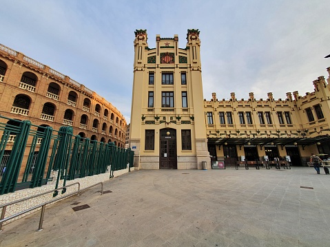 Wide angle lens photo of the 20th, Art Nouveau, North Station in Valencia City, Spain