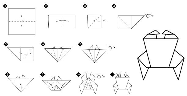 How to make origami crab. Step by step instruction How to make origami kimono bookmark. Step by step black and white DIY instructions. Outline monochrome vector illustration. origami instructions stock illustrations