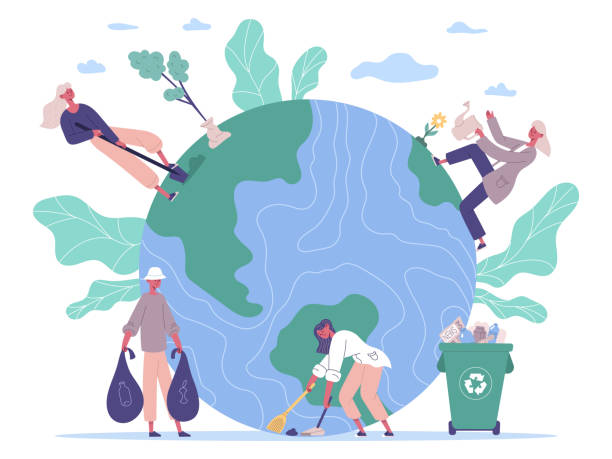 ilustrações de stock, clip art, desenhos animados e ícones de people protecting environment, take care about earth. ecology protect, volunteers planting and cleaning environment vector illustration. nature protect concept - earth environment globe environmental conservation