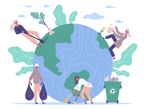 People protecting environment, take care about earth. Ecology protect, volunteers planting and cleaning environment vector illustration. Nature protect concept. Planting trees and gathering rubbish