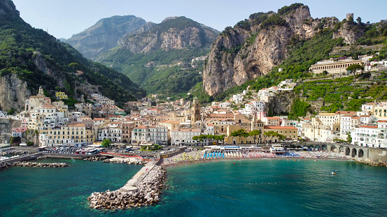 Europe. Italy. Panoramic aerial view of Amalfi coastline from a moving drone, Campania - Italy