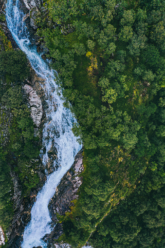 Aerial view waterfall Ovstebrufossen landscape in Norway mountains travel drone scenery wilderness nature