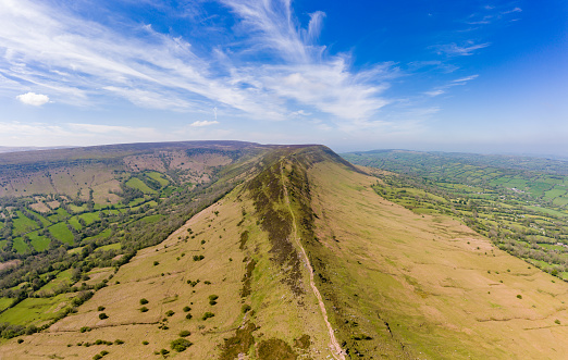 Aerial view of a narrow ridge leaving to a mountain (Cat's Back, Herefordshire, England)
