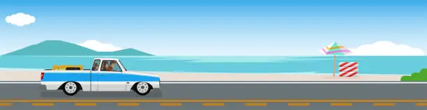 Vector illustration of Happy family travels with a classic pickup truck for banner. Carrying a truck for travel.  Asphalt road near the sea beach.