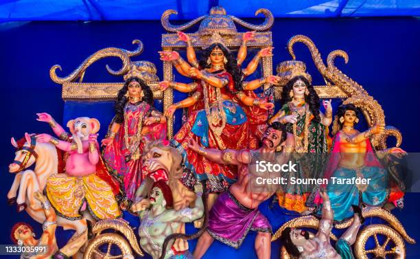 Idols Of Hindu Goddess Maa Durga With Her Childrens During The Durga Puja Festival Stock Photo - Download Image Now