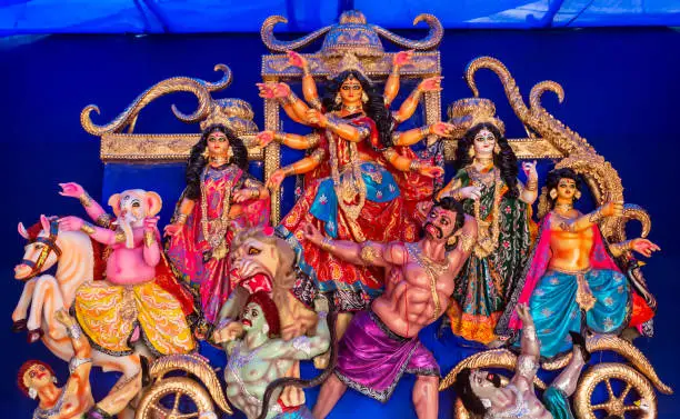 Photo of Idols of Hindu Goddess Maa Durga with her childrens during the Durga Puja festival.