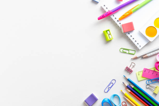 istock Frame of school stationery on white background. Flat lay, top view, space for text. Back to school concept. 1333039394