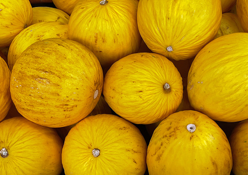 close up of a retail display of a pile of organically grown canary melons for sale at a farmer's market, Long Island, New York