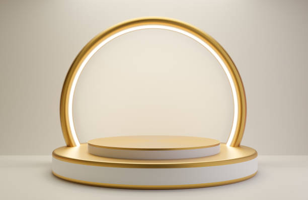 istock White and Gold podium for product presentation on white wall background luxury style.,3d model and illustration. 1333040436
