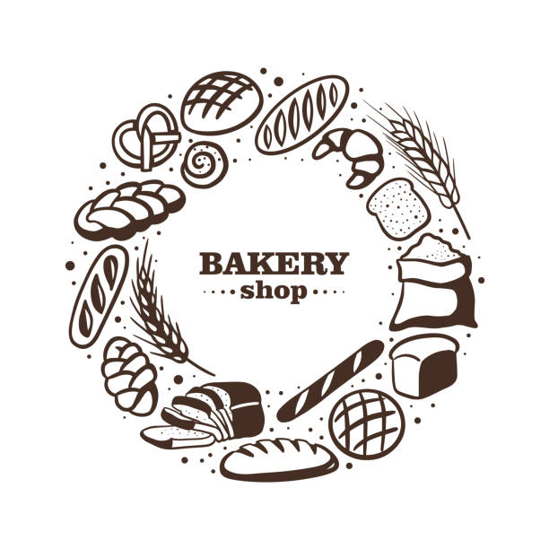 ilustrações, clipart, desenhos animados e ícones de ilustração da padaria com pão e rolo diferentes. ilustração desenhada à mão do vetor, isolada em fundo branco, logotipo ou modelo de banner - pastry croissant isolated bakery