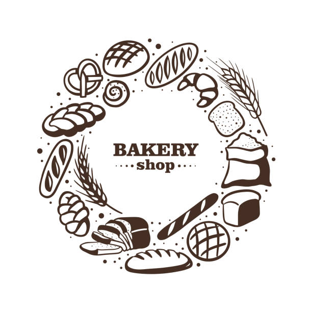 Bakery shop illustration with different bread and roll. Vector hand-drawn illustration, isolated on white background, logo or banner template Vector hand-drawn illustration, isolated on white background, logo or banner template bread bakery baguette french culture stock illustrations