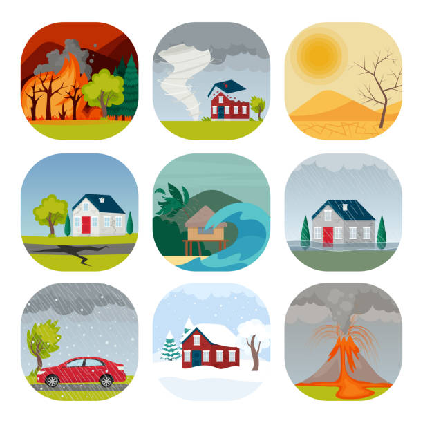 natural disaster set of compositions with wild landscapes, houses, recreation place and forces of nature. vector isolated illustration in cartoon flat style - 旱災 幅插畫檔、美工圖案、卡通及圖標