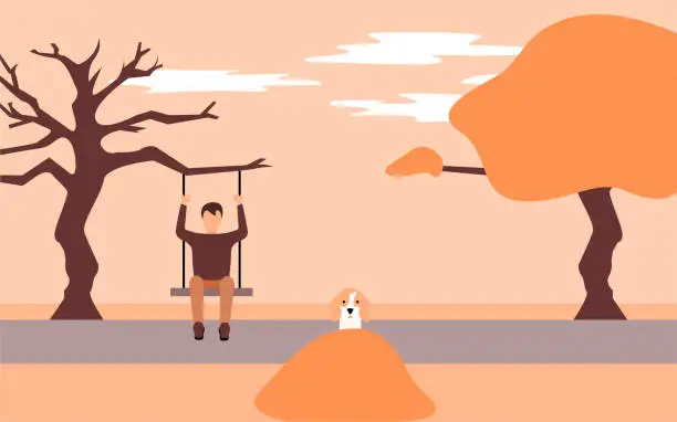 Vector illustration of Young man sitting on a swing attached to a tree and his dog playing on a mound of leaves