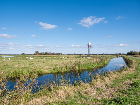 Windwatermill draining wetland polder, water level control in nature reserve Alde Feanen, Friesland, Netherlands
