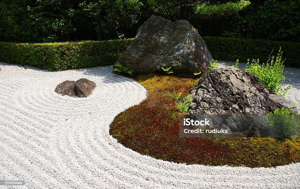 Stones and raked gravel in a zen garden Big stones and raked gravel in a zen garden in Kyoto (Japan) Japanese Rock Garden Stock Photo
